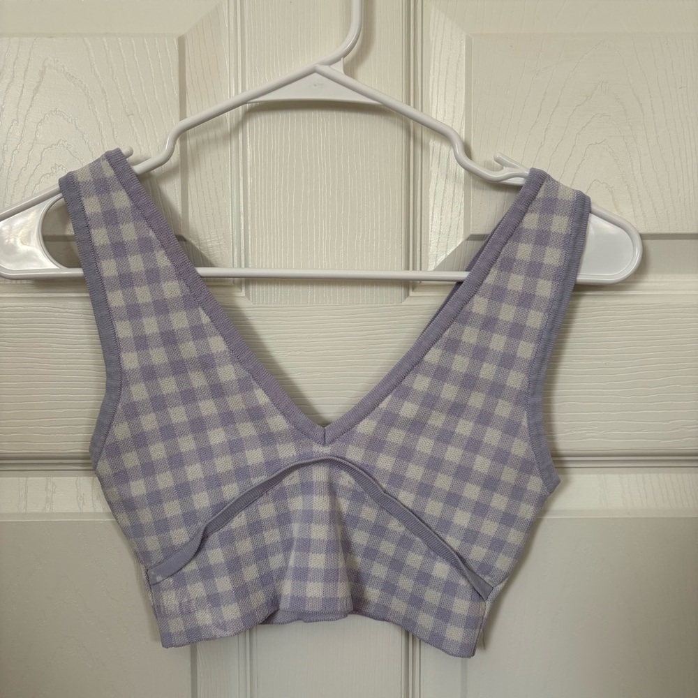 Zara Lavender Gingham V-Neck Crop Top